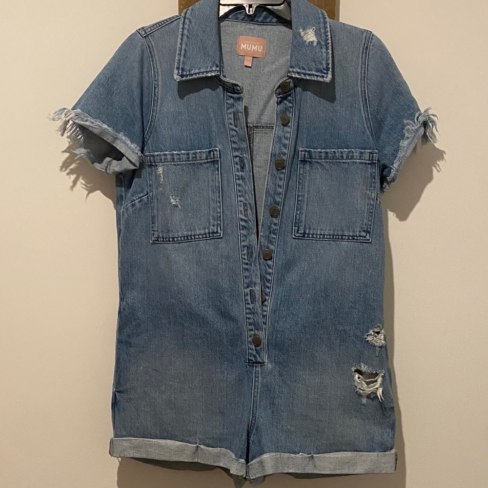 Show Me Your MuMu Light Blue Distressed Denim Romper